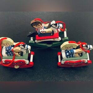 Vintage Kurt Adler Wooden Boy/Girl Rocking Horse Ornaments (3)